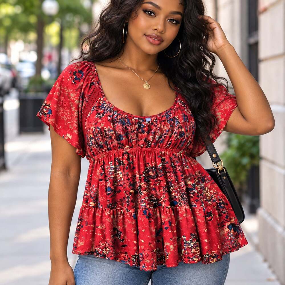 Free People Red Floral Babydoll Top Flutter Sleeve Boho Y2K Peasant Blouse